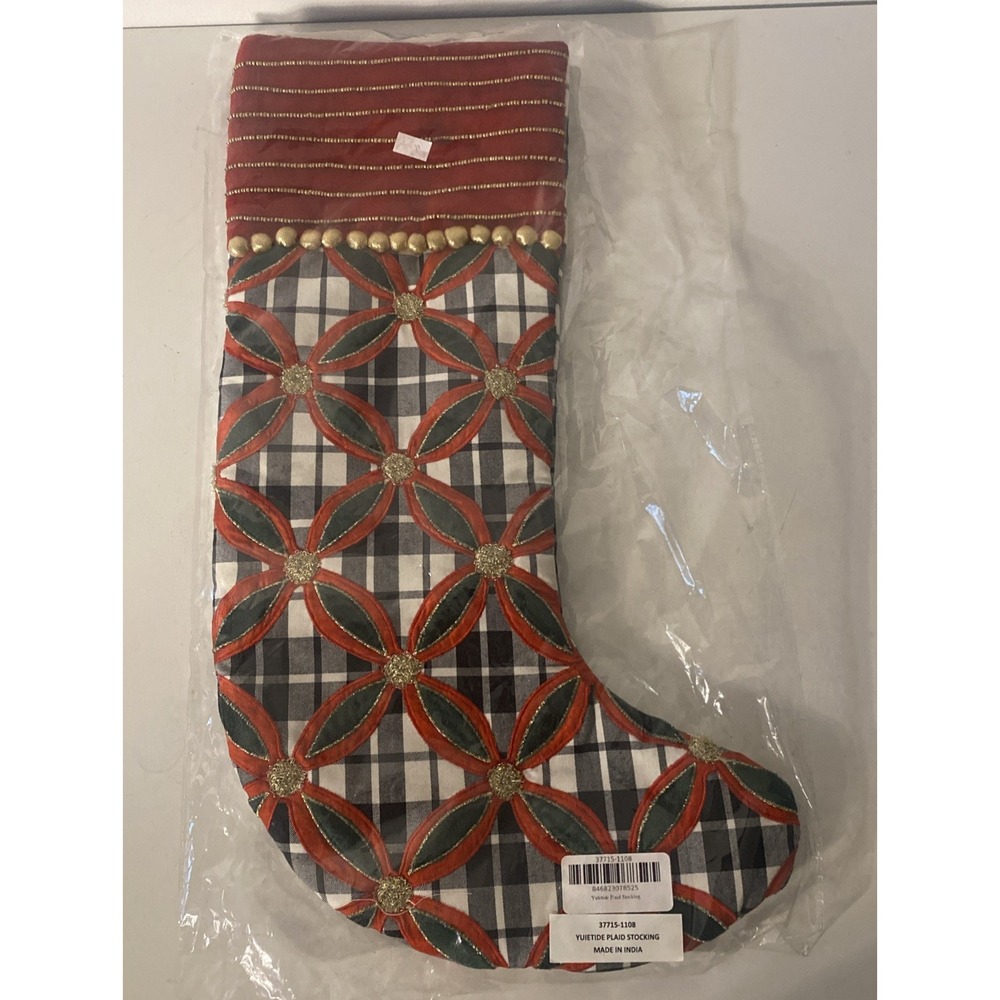 Mackenzie Childs YULETIDE PLAID Christmas Stocking NEW $78 Black White GreenGold